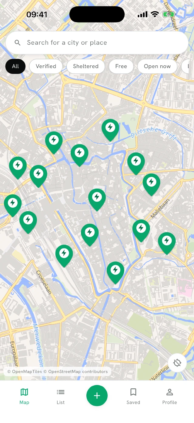 Denchargi map screen showing nearby e-bike charging points