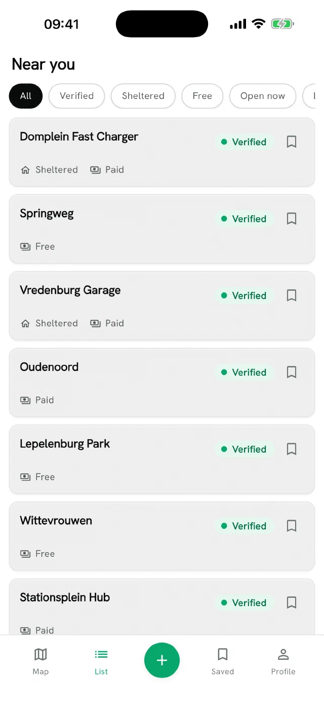 List of e-bike charging points sorted by distance