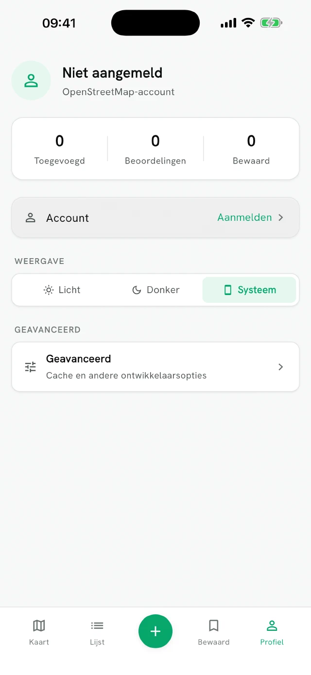 Denchargi profiel- en instellingenscherm